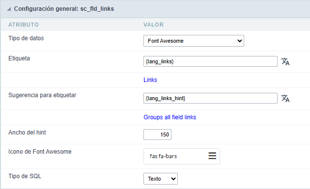 General settings of the Font Awesome field