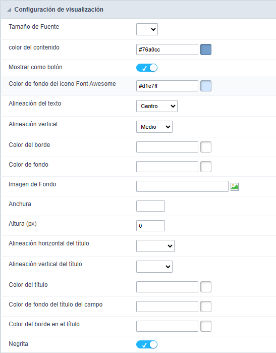 Visual settings screen of the Font Awesome field