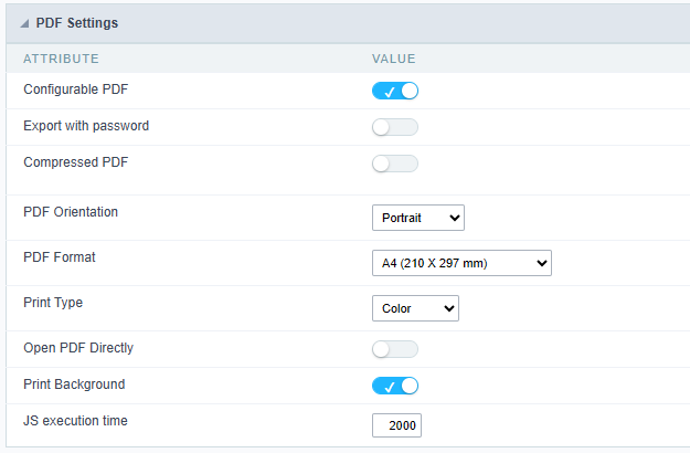 PDF form export settings