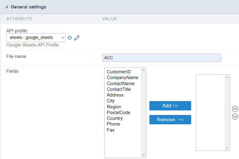 Google Sheets Configuration screen