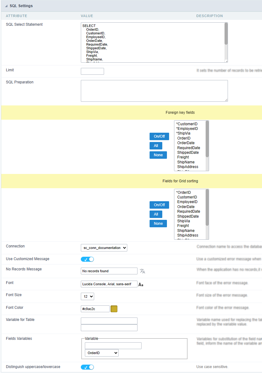 Grid SQL configuration