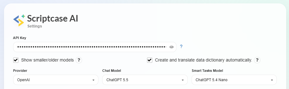 Scriptcase AI configuration screen, with fields to enter the API key, select the AI provider, and define access permissions for project information.