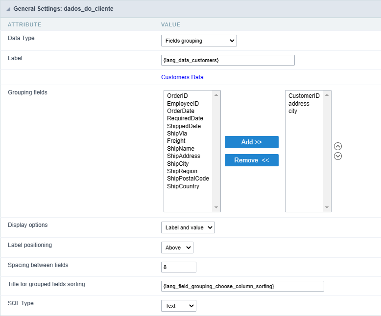 Field grouping general configuration screen