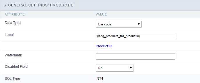 Configuration Interface of the Barcode Field.