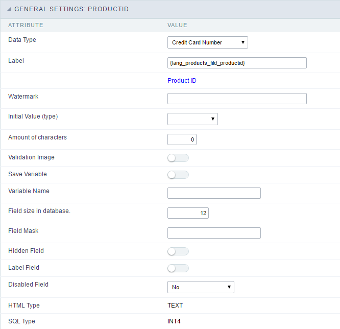 Credit Card Number Configuration Interface.