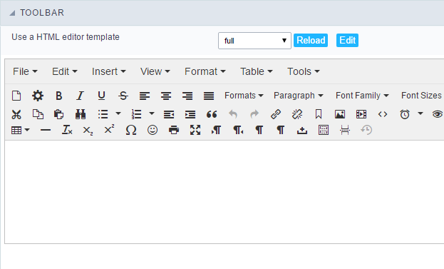 HTML Editor toolbar settings Interface.