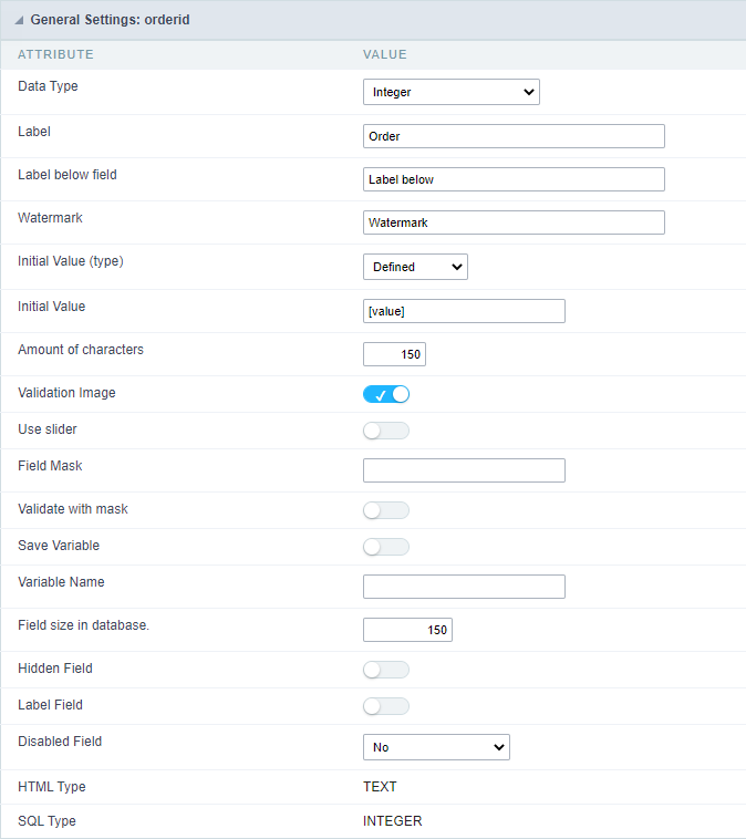 Number field configuration interface.