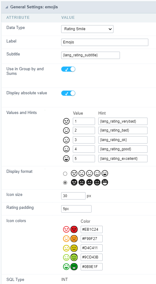 General settings ratingsmile grid