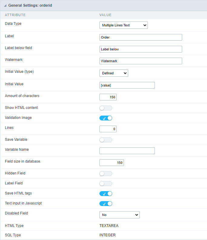 Multiple Lines Text field configuration Interface.