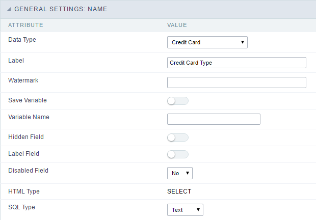 Credit Card field configuration Interface.