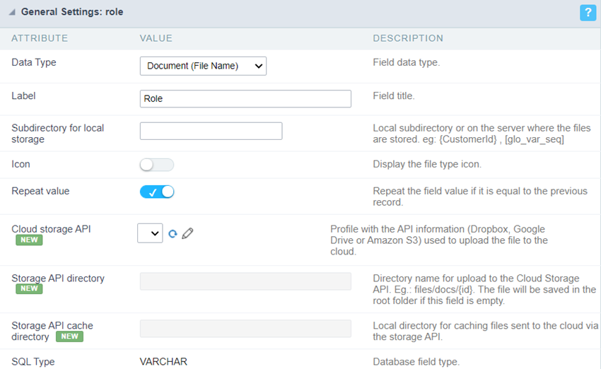 Upload field Configuration Interface.