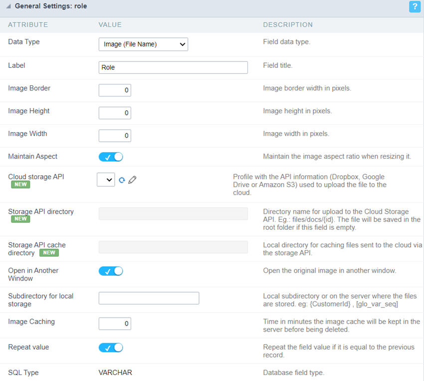 Upload field Configuration Interface.