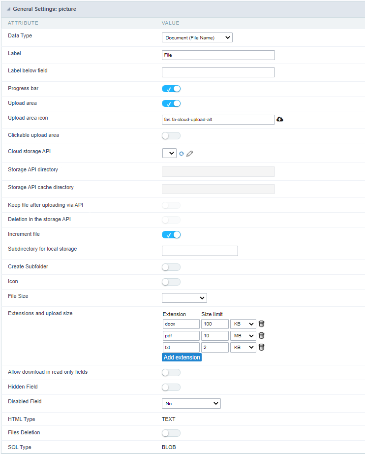 Document (File Name) field Configuration Interface.