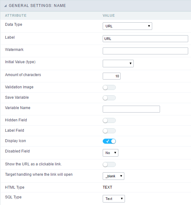 URL field configuration Interface.