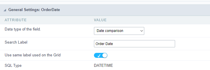 Tela de configuração do campo data com valor agrupado