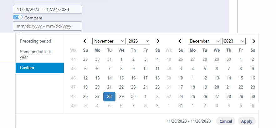 Exemplo do campo compatarivo de datas em um filtro do resumo