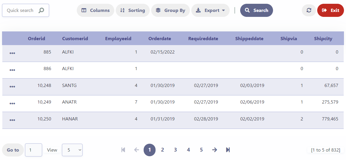 Exemplo da aplicação em execução definida como 5 registros por página.