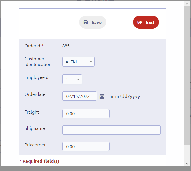 Exemplo de edição do registro em linha no form grid editável view
