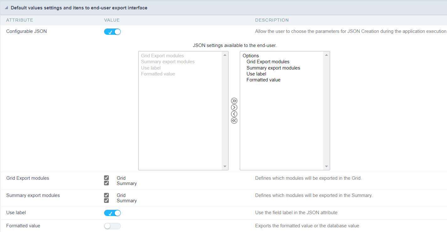 Configuração dos valores padrão da exportação JSON