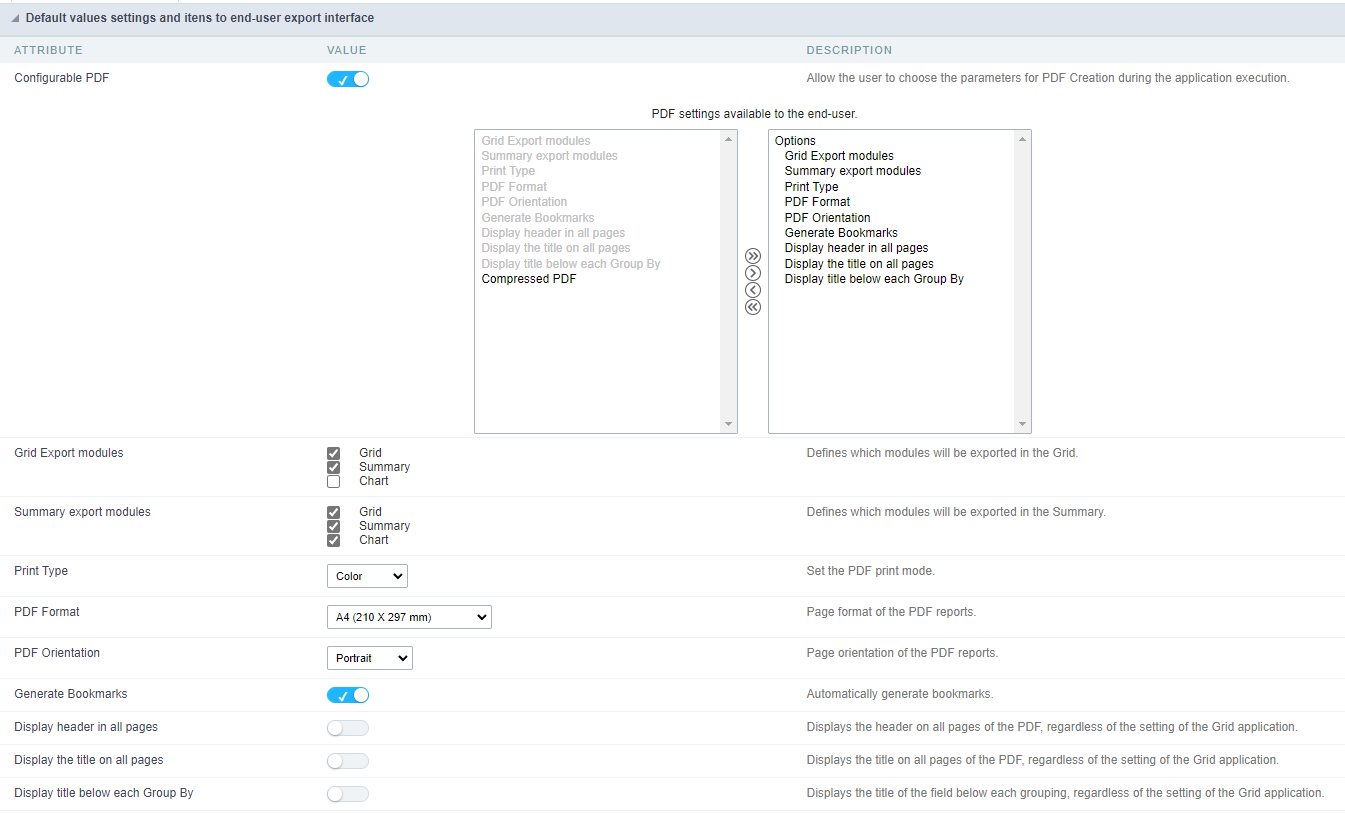 Exemplo na tela de configuração do PDF para o usuário final da aplicação