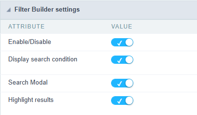 Filter Builder settings screen