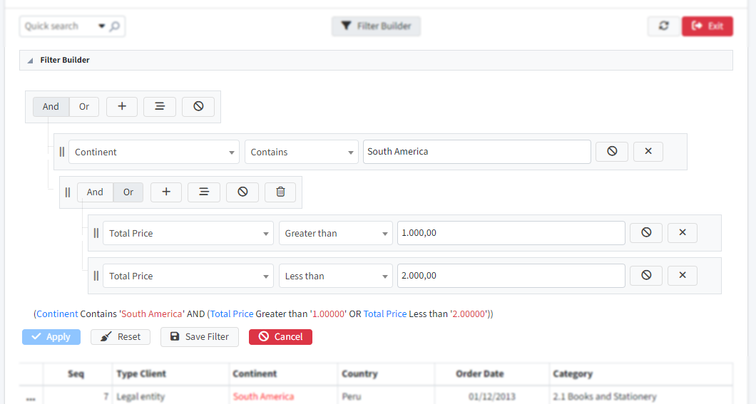 Example of the filter builder opening in a div below the toolbar