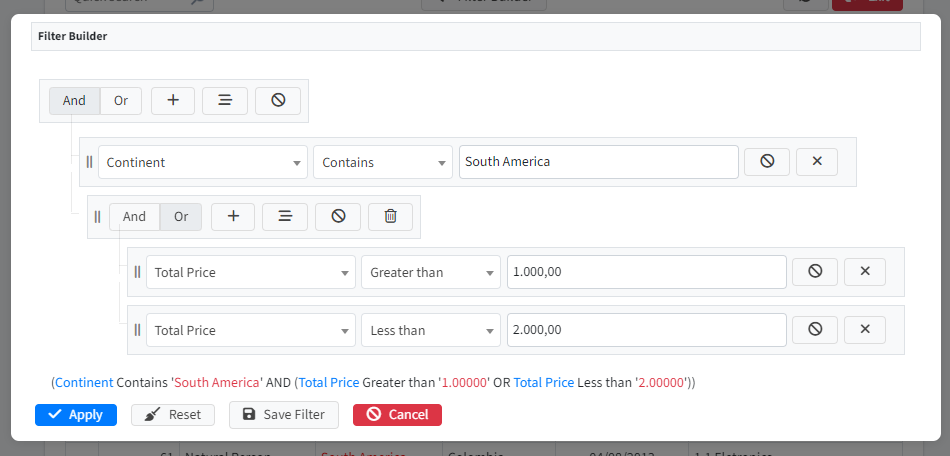 Example of the filter builder opening in a modal
