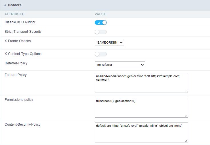 Security configuration of in-app headers