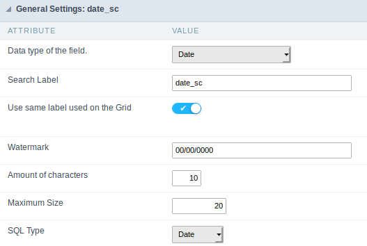 Date field Configuration Interface.