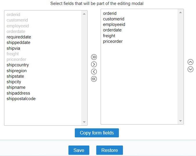 General configuration of query fields positioning in the view editable grid form