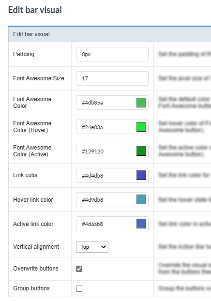 Configurações geral do visual dos botões de ação