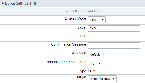 Setting up the Link Display mode for the PHP button.