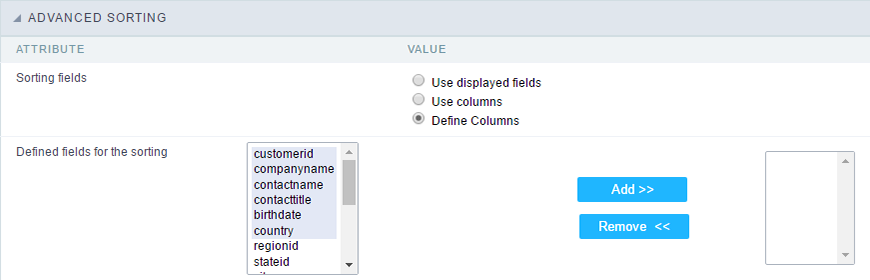 Advanced Sort Fields Configuration.