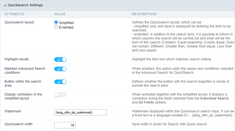 QuickSearch Configuration Interface.