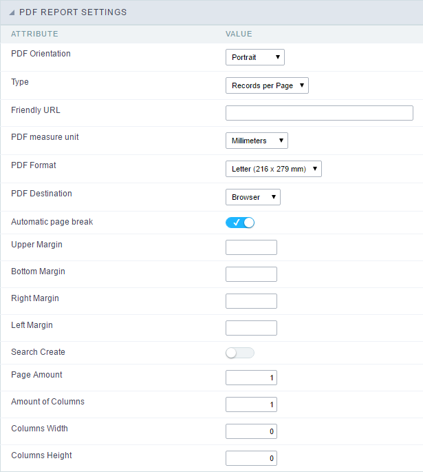 PDF Report Settings Interface.