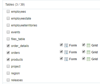 Selecting the tables and applications for the creation