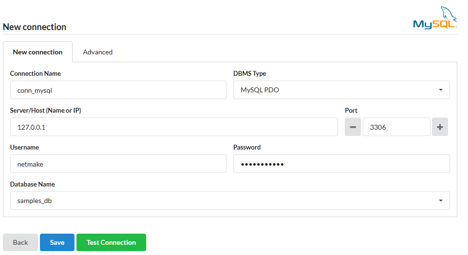 Production environment connection configuration screen