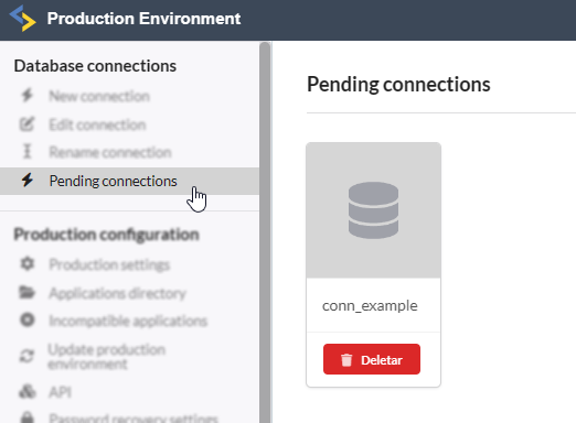 Tela com a lista de conexões pendentes de configuração que apontam para o ambiente de produção