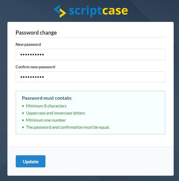 New password configuration screen in the password recovery process