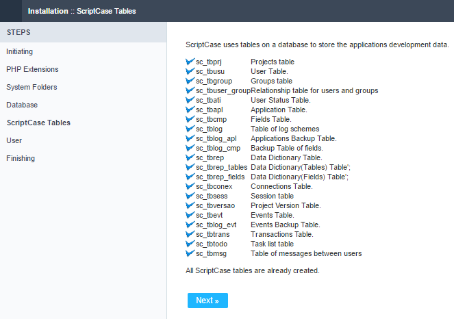 Displaying the ScriptCase's tables creation