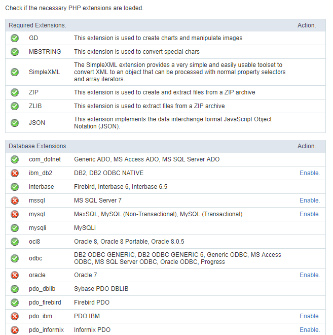 Verifying the necessary extensions for ScriptCase to work and the modules for the database connections.