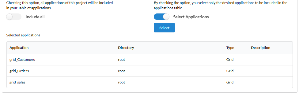 Application selection screen in the security module