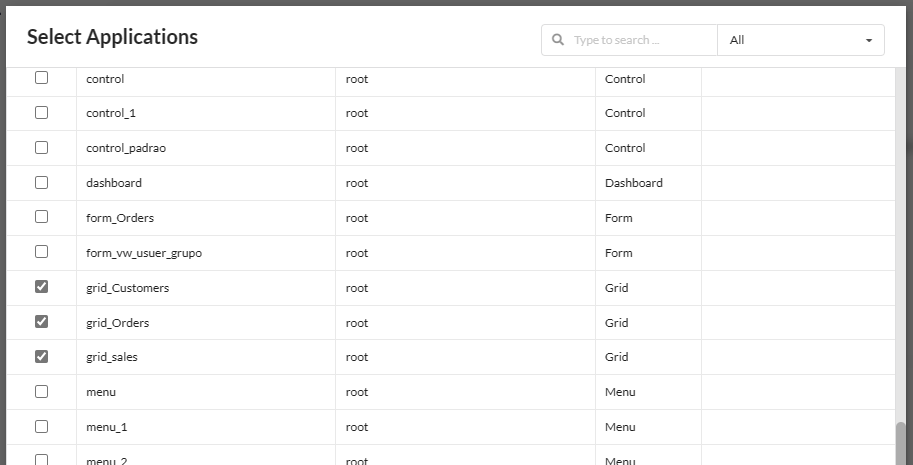 Application selection screen in the security module