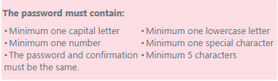 Example of parameters for defining the password