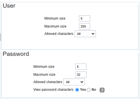 Username and password characters settings
