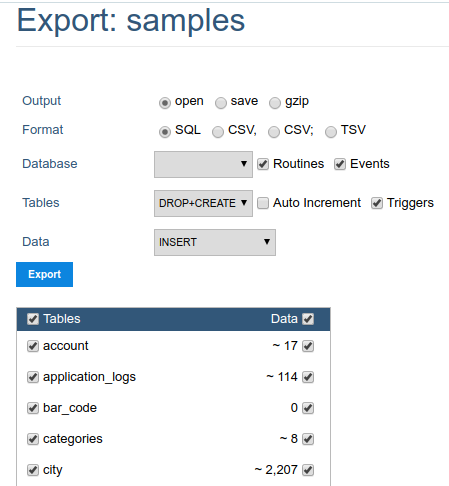 Tables exportation