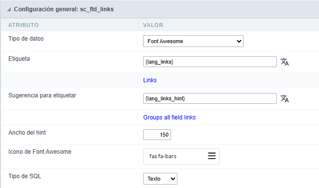Configuración general del campo Font Awesome