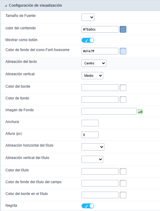 Pantalla de configuración visual del campo Font Awesome
