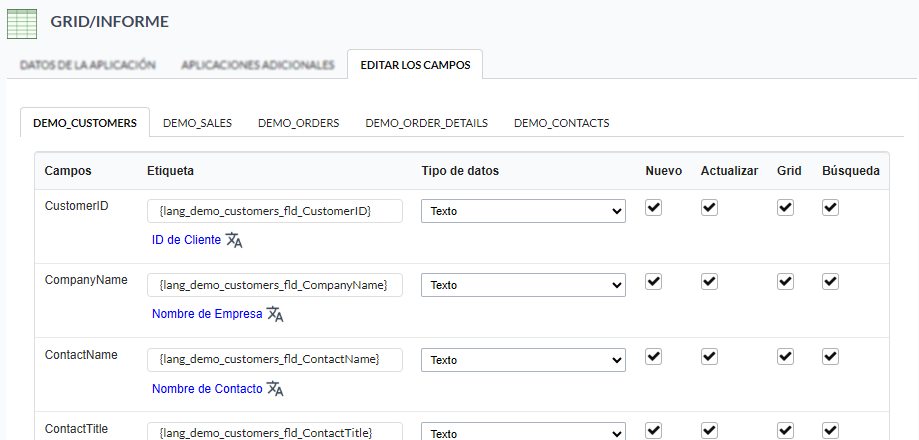 Lista de campos en el proceso de creación de la grid