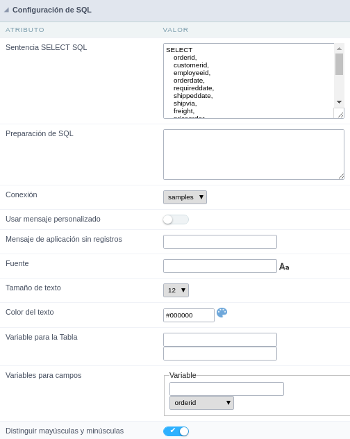 Configuración de SQL de la Grid